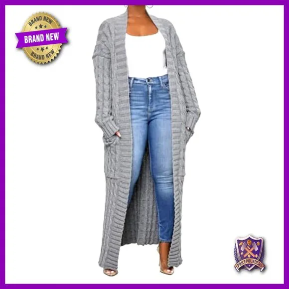 Chunky Cable Knit Cardigan with Pockets, Loose Fit, Ankle Length - Picture 2 of 6